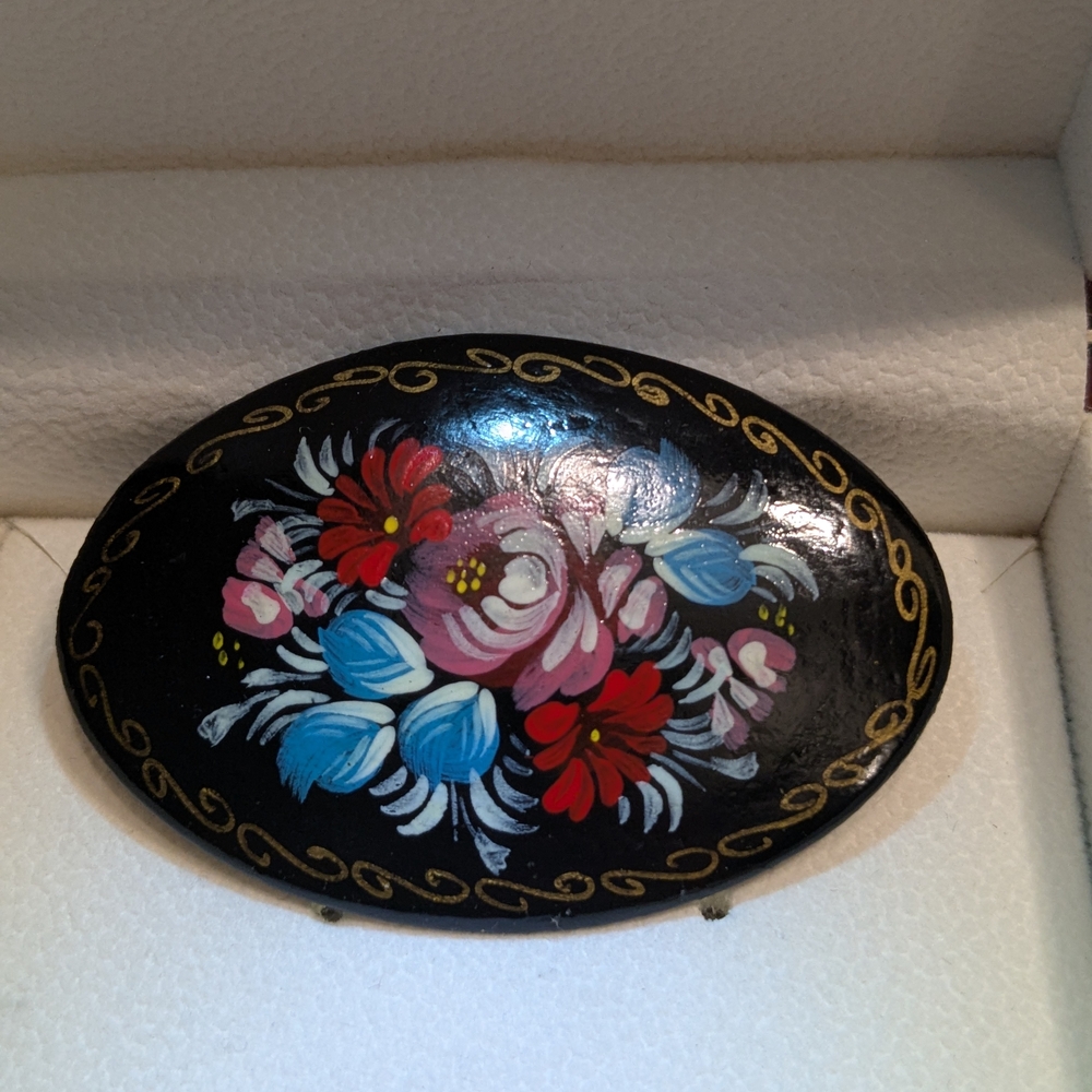 Russian Black Laquer Floral Brooch with Gold Accents
